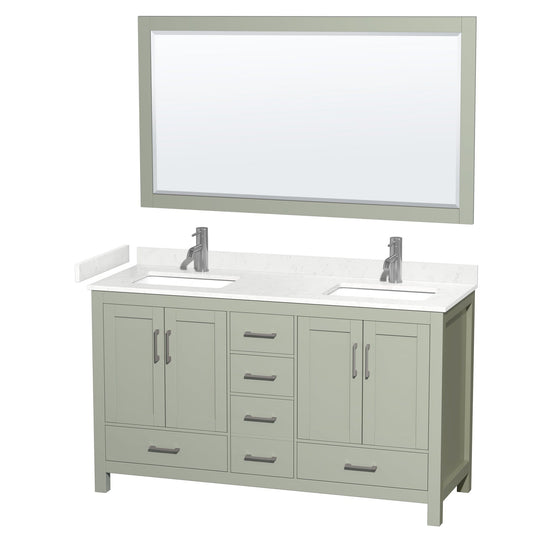 Sheffield 60" Double Bathroom Vanity in Light Green, Carrara Cultured Marble Countertop, Undermount Square Sinks, Brushed Nickel Trim, 58" Mirror