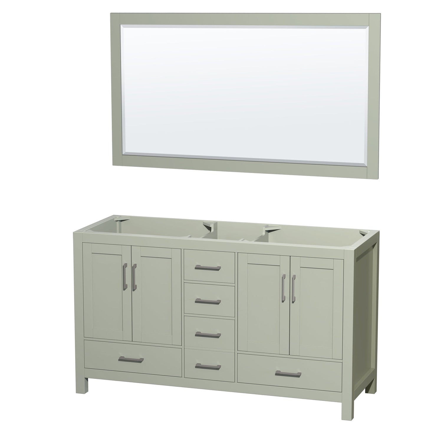 Sheffield 60" Double Bathroom Vanity in Light Green, No Countertop, No Sinks, Brushed Nickel Trim, 58" Mirror