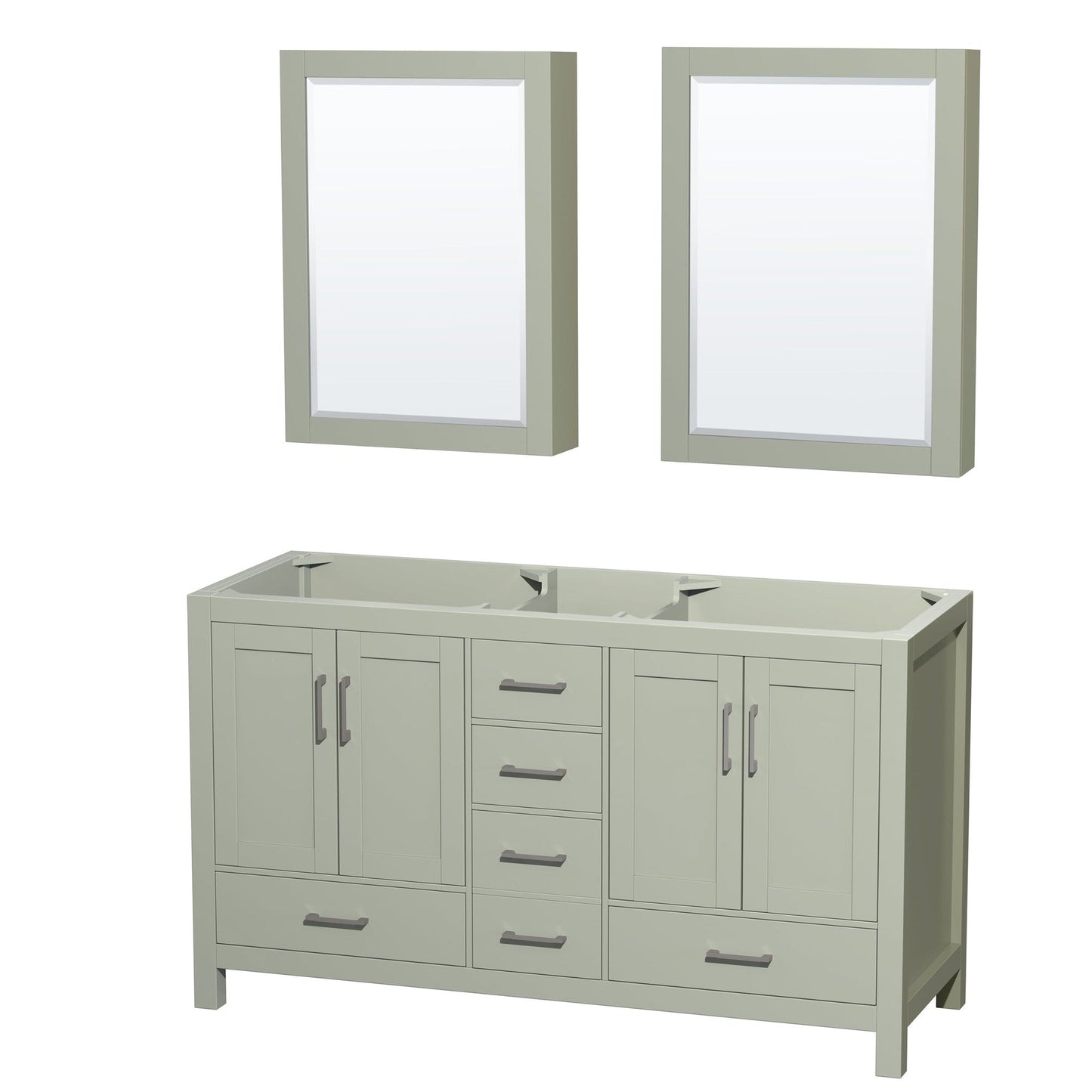 Sheffield 60" Double Bathroom Vanity in Light Green, No Countertop, No Sinks, Brushed Nickel Trim, Medicine Cabinets