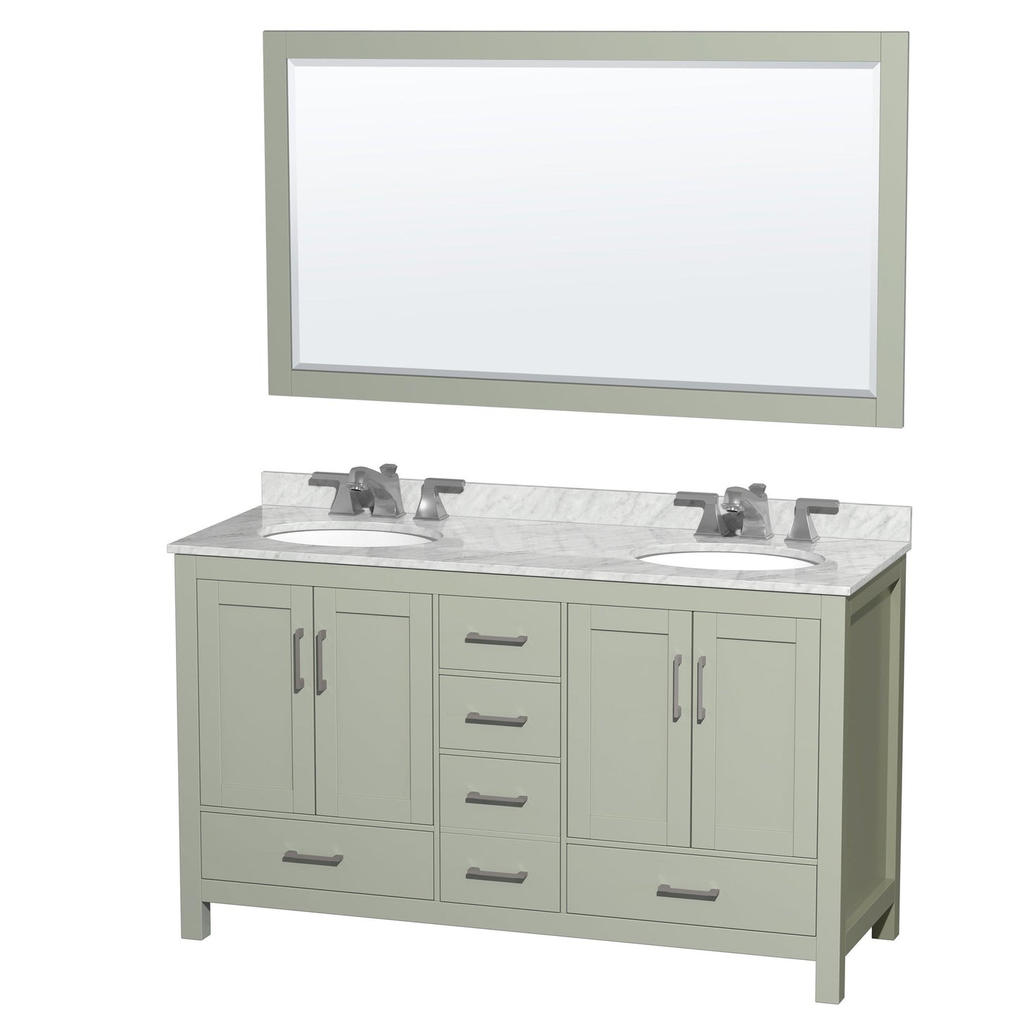 Sheffield 60" Double Bathroom Vanity in Light Green, White Carrara Marble Countertop, Undermount Oval Sinks, Brushed Nickel Trim, 58" Mirror