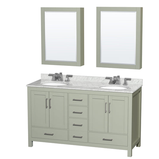 Sheffield 60" Double Bathroom Vanity in Light Green, White Carrara Marble Countertop, Undermount Oval Sinks, Brushed Nickel Trim, Medicine Cabinets