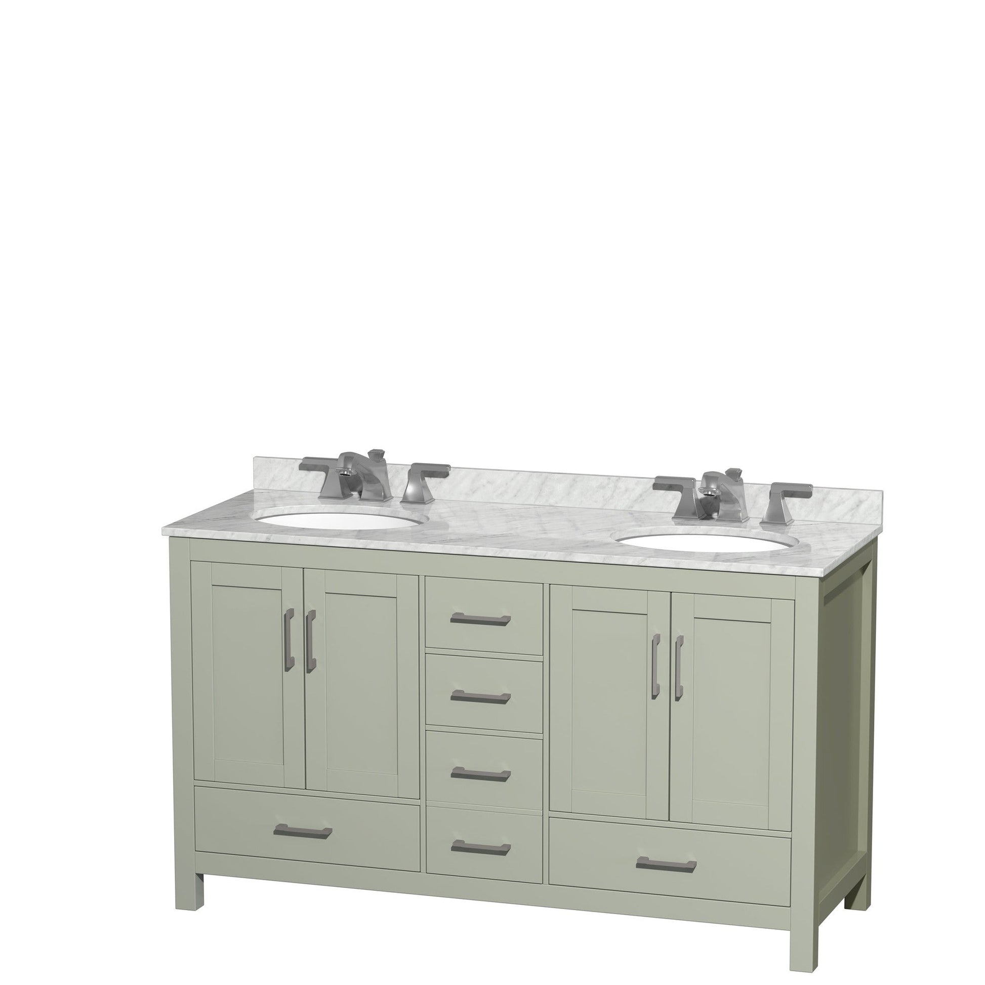 Sheffield 60" Double Bathroom Vanity in Light Green, White Carrara Marble Countertop, Undermount Oval Sinks, Brushed Nickel Trim