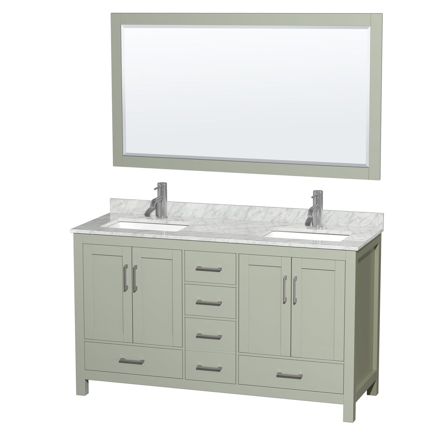 Sheffield 60" Double Bathroom Vanity in Light Green, White Carrara Marble Countertop, Undermount Square Sinks, Brushed Nickel Trim, 58" Mirror