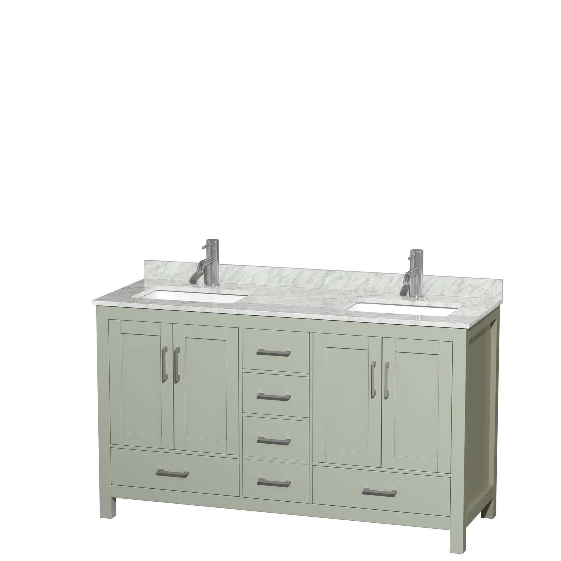 Sheffield 60" Double Bathroom Vanity in Light Green, White Carrara Marble Countertop, Undermount Square Sinks, Brushed Nickel Trim