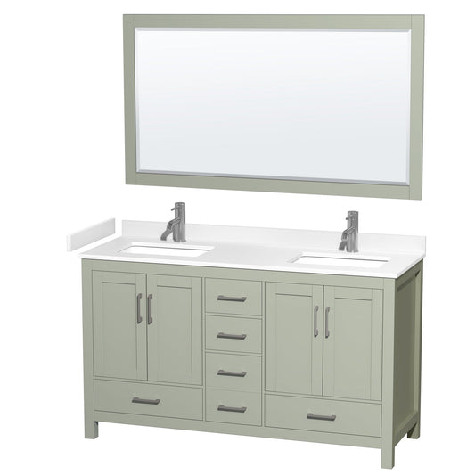 Sheffield 60" Double Bathroom Vanity in Light Green, White Cultured Marble Countertop, Undermount Square Sinks, Brushed Nickel Trim, 58" Mirror