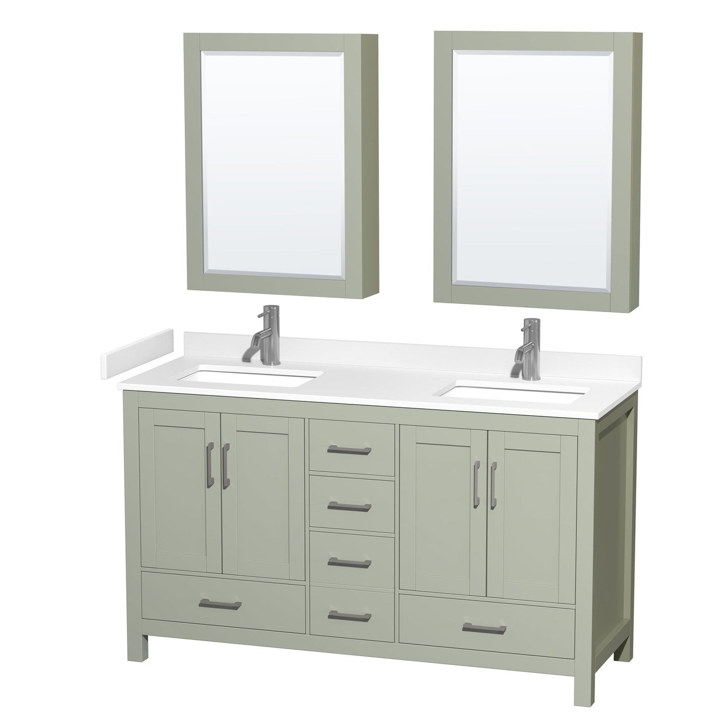 Sheffield 60" Double Bathroom Vanity in Light Green, White Cultured Marble Countertop, Undermount Square Sinks, Brushed Nickel Trim, Medicine Cabinets