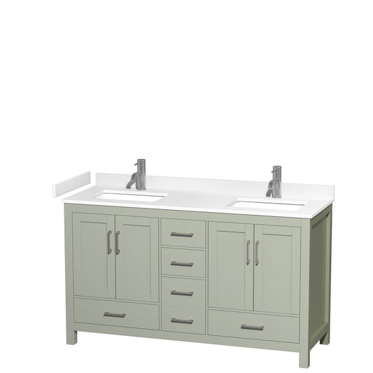 Sheffield 60" Double Bathroom Vanity in Light Green, White Cultured Marble Countertop, Undermount Square Sinks, Brushed Nickel Trim