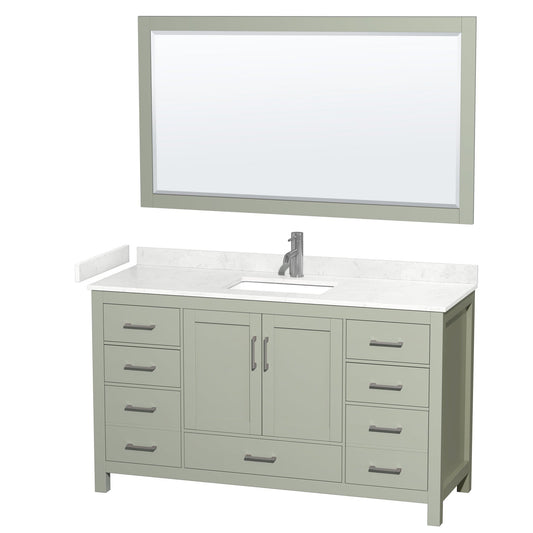 Sheffield 60" Single Bathroom Vanity in Light Green, Carrara Cultured Marble Countertop, Undermount Square Sink, Brushed Nickel Trim, 58" Mirror