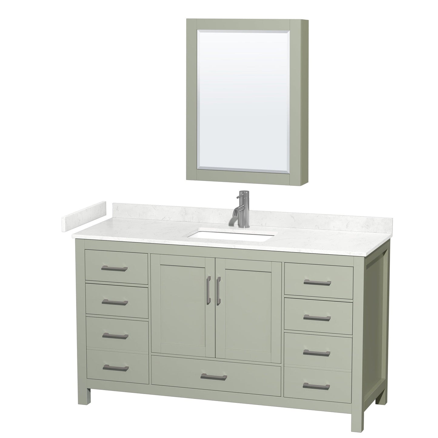 Sheffield 60" Single Bathroom Vanity in Light Green, Carrara Cultured Marble Countertop, Undermount Square Sink, Brushed Nickel Trim, Medicine Cabinet