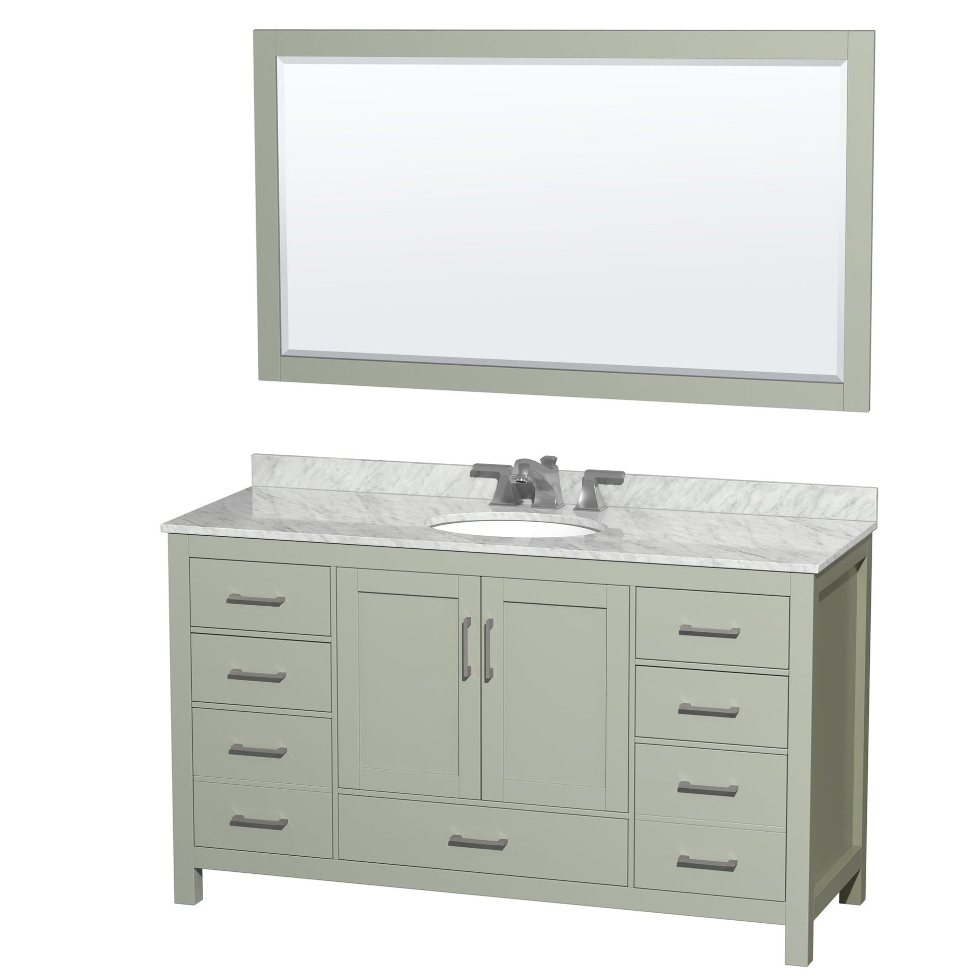 Sheffield 60" Single Bathroom Vanity in Light Green, White Carrara Marble Countertop, Undermount Oval Sink, Brushed Nickel Trim, 58" Mirror