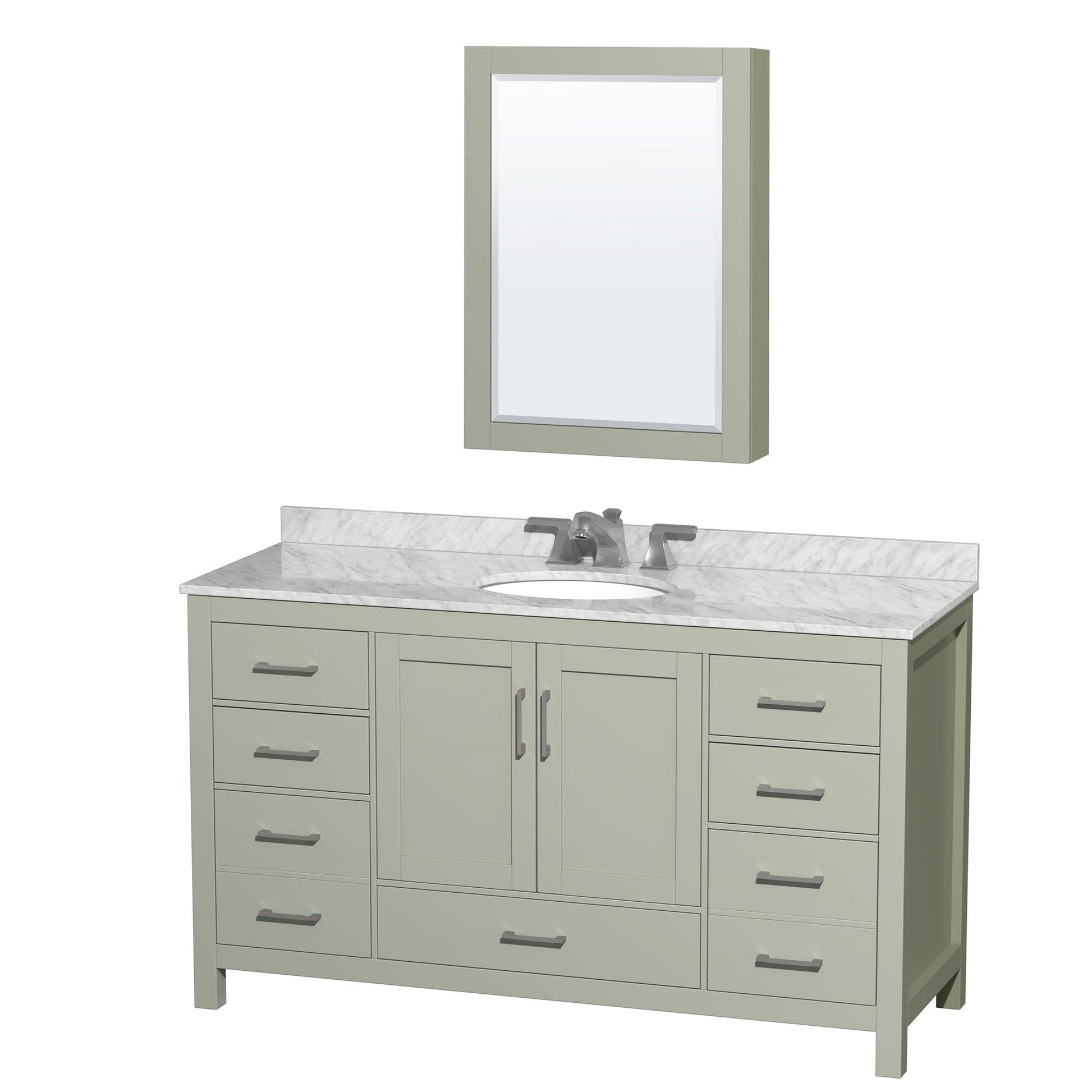 Sheffield 60" Single Bathroom Vanity in Light Green, White Carrara Marble Countertop, Undermount Oval Sink, Brushed Nickel Trim, Medicine Cabinet