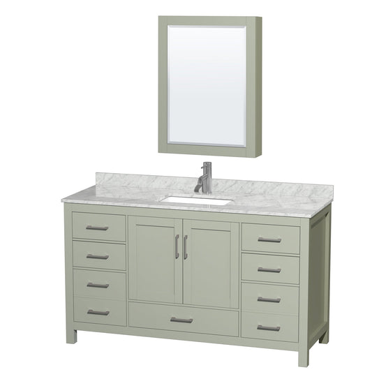 Sheffield 60" Single Bathroom Vanity in Light Green, White Carrara Marble Countertop, Undermount Square Sink, Brushed Nickel Trim, Medicine Cabinet