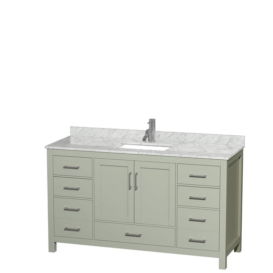 Sheffield 60" Single Bathroom Vanity in Light Green, White Carrara Marble Countertop, Undermount Square Sink, Brushed Nickel Trim