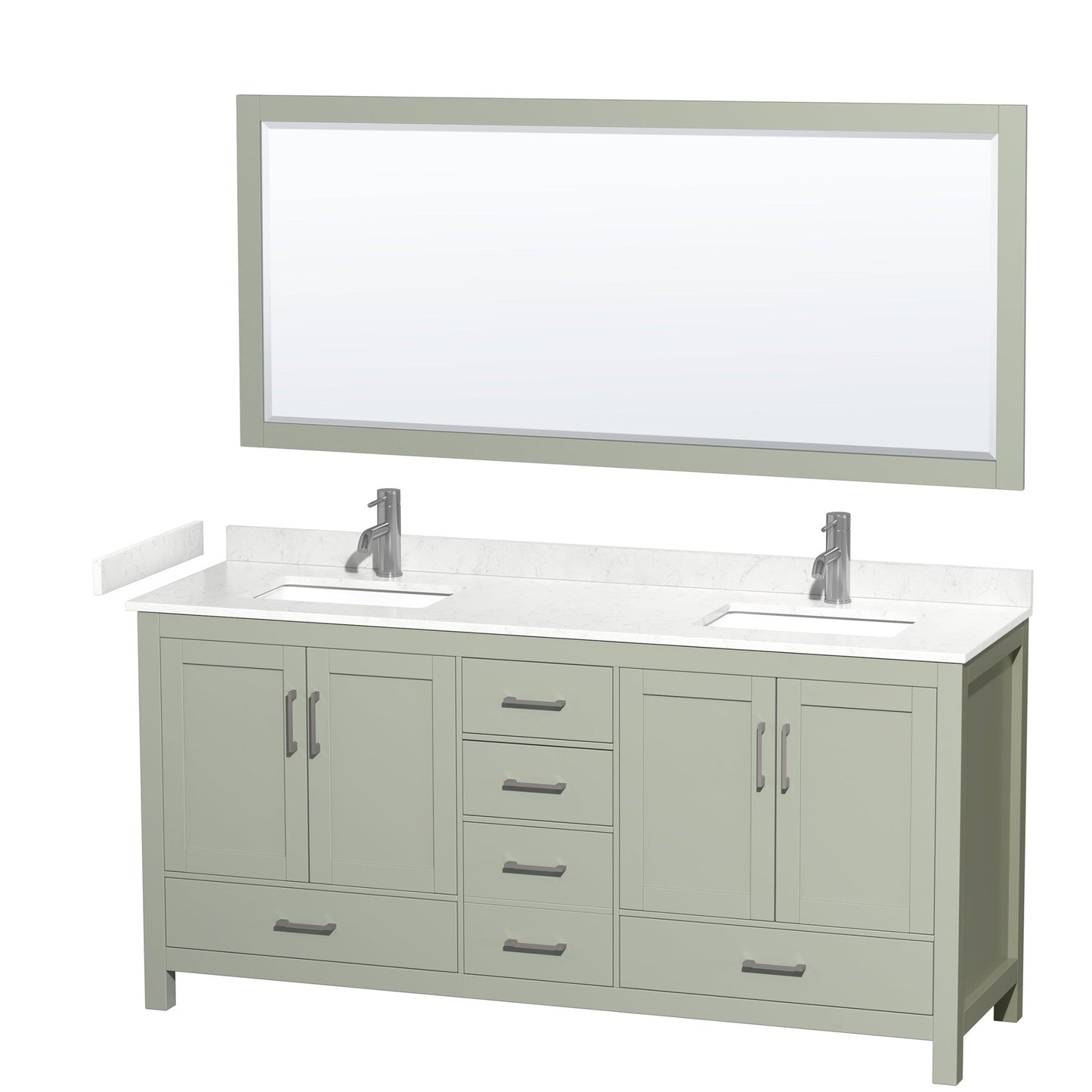 Sheffield 72" Double Bathroom Vanity in Light Green, Carrara Cultured Marble Countertop, Undermount Square Sinks, Brushed Nickel Trim, 70" Mirror