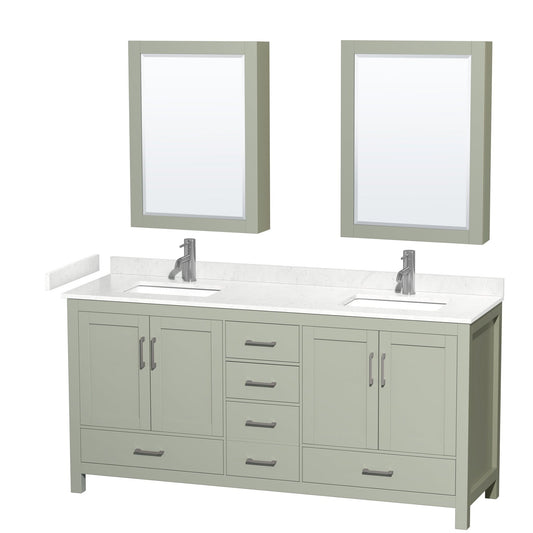 Sheffield 72" Double Bathroom Vanity in Light Green, Carrara Cultured Marble Countertop, Undermount Square Sinks, Brushed Nickel Trim, Medicine Cabinets