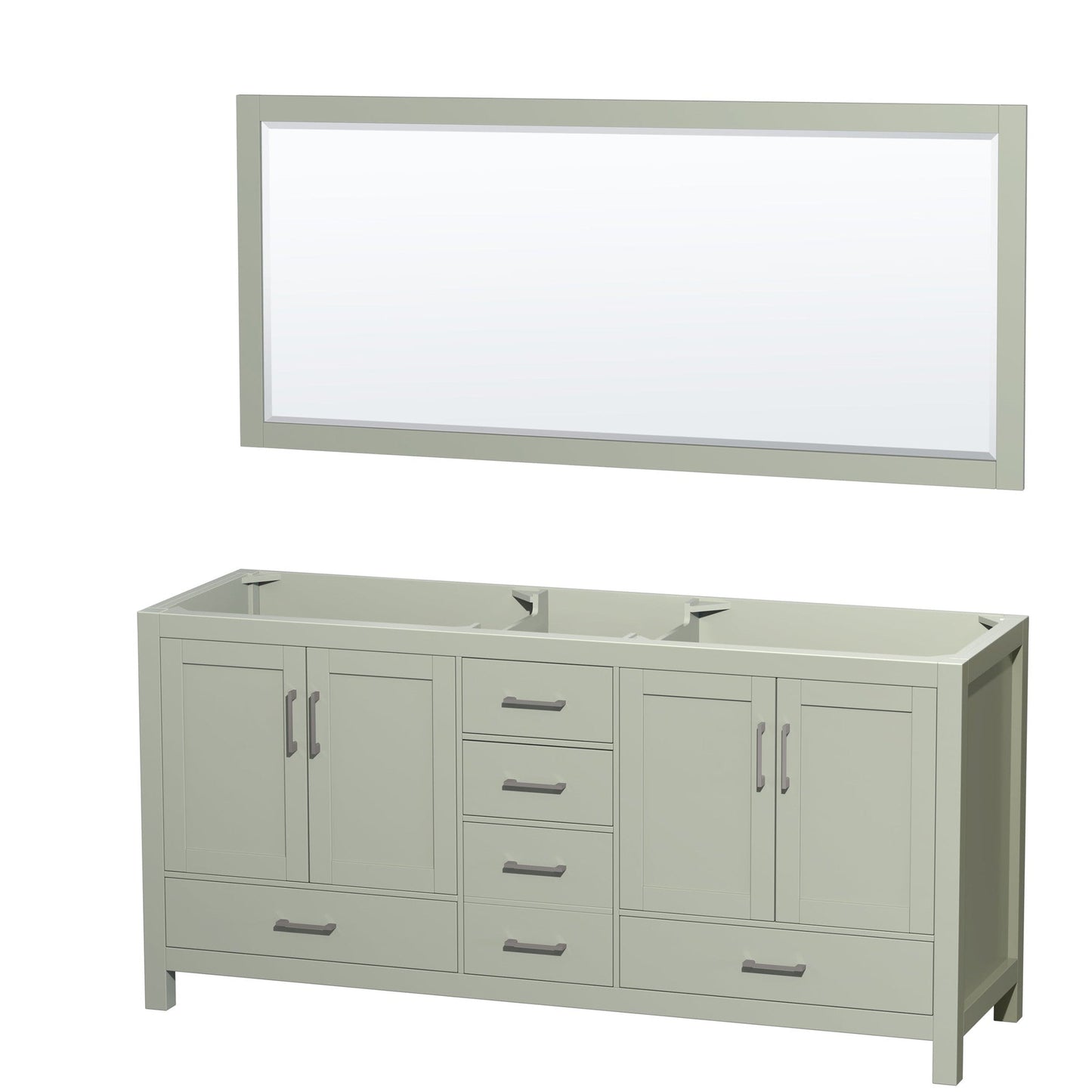 Sheffield 72" Double Bathroom Vanity in Light Green, No Countertop, No Sink, Brushed Nickel Trim, 70" Mirror