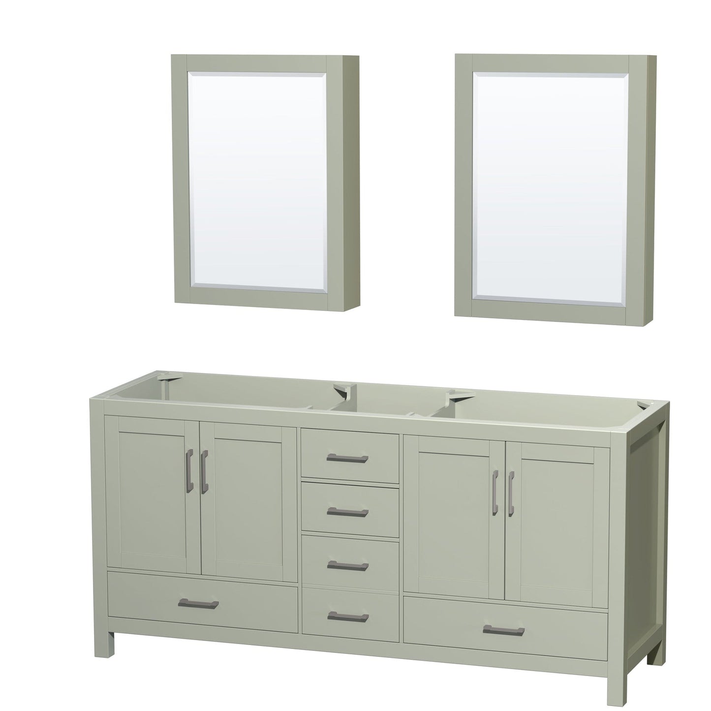 Sheffield 72" Double Bathroom Vanity in Light Green, No Countertop, No Sink, Brushed Nickel Trim, Medicine Cabinets