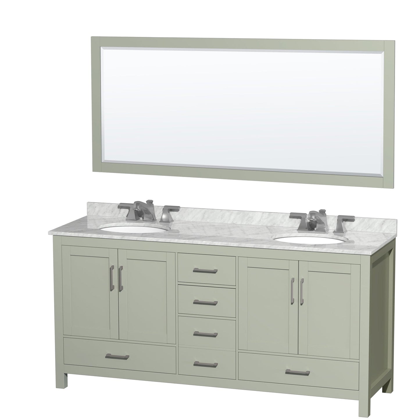 Sheffield 72" Double Bathroom Vanity in Light Green, White Carrara Marble Countertop, Undermount Oval Sinks, Brushed Nickel Trim, 70" Mirror