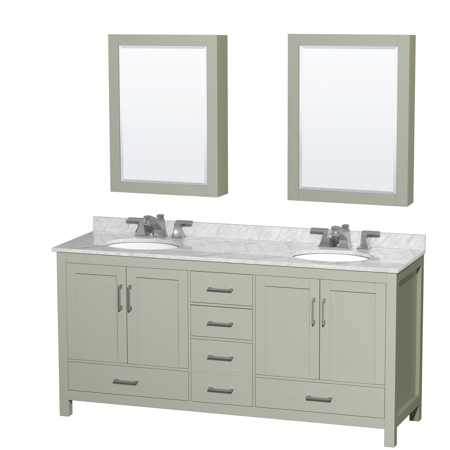 Sheffield 72" Double Bathroom Vanity in Light Green, White Carrara Marble Countertop, Undermount Oval Sinks, Brushed Nickel Trim, Medicine Cabinets