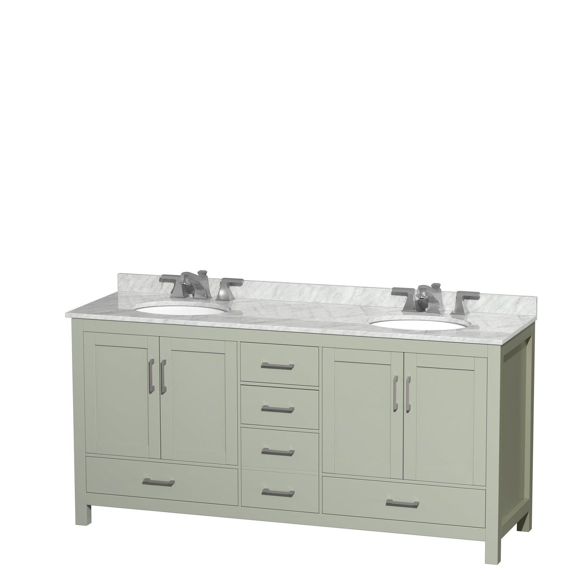 Sheffield 72" Double Bathroom Vanity in Light Green, White Carrara Marble Countertop, Undermount Oval Sinks, Brushed Nickel Trim