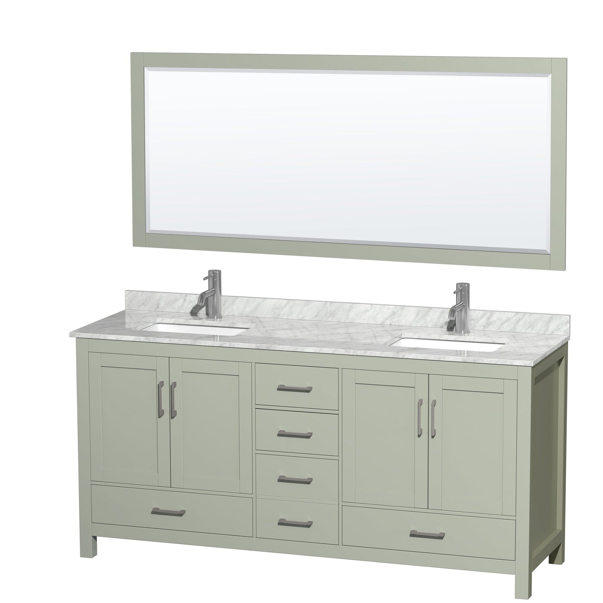 Sheffield 72" Double Bathroom Vanity in Light Green, White Carrara Marble Countertop, Undermount Square Sinks, Brushed Nickel Trim, 70" Mirror