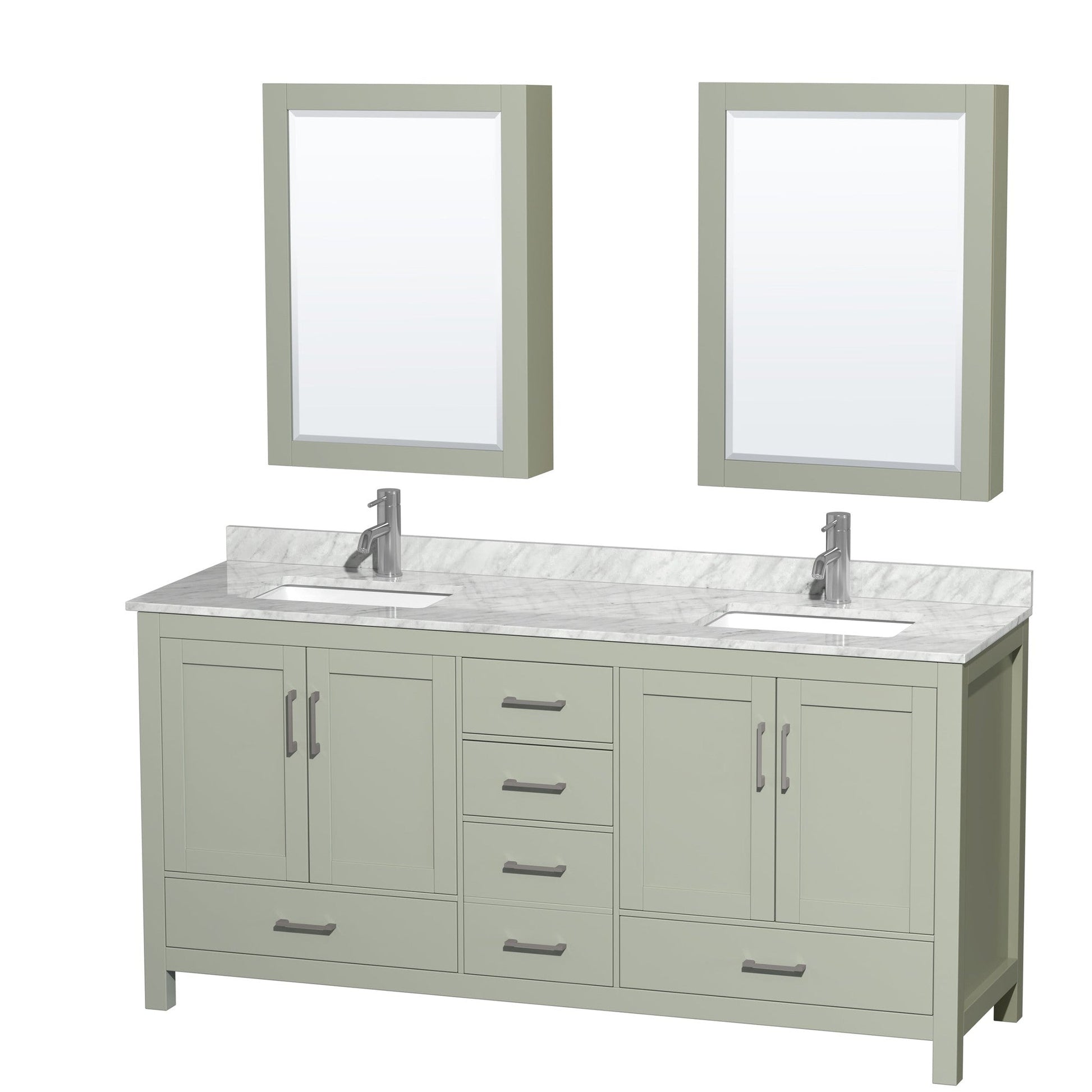 Sheffield 72" Double Bathroom Vanity in Light Green, White Carrara Marble Countertop, Undermount Square Sinks, Brushed Nickel Trim, Medicine Cabinets