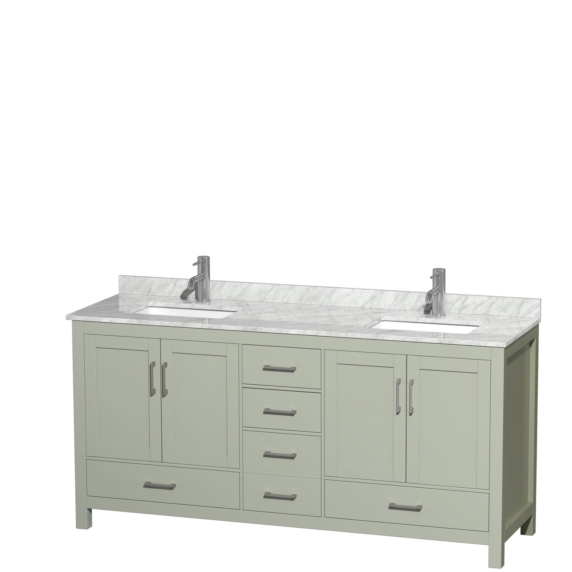 Sheffield 72" Double Bathroom Vanity in Light Green, White Carrara Marble Countertop, Undermount Square Sinks, Brushed Nickel Trim