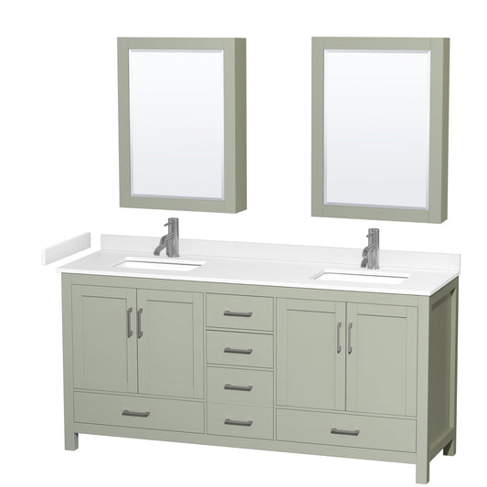 Sheffield 72" Double Bathroom Vanity in Light Green, White Cultured Marble Countertop, Undermount Square Sinks, Brushed Nickel Trim, Medicine Cabinets