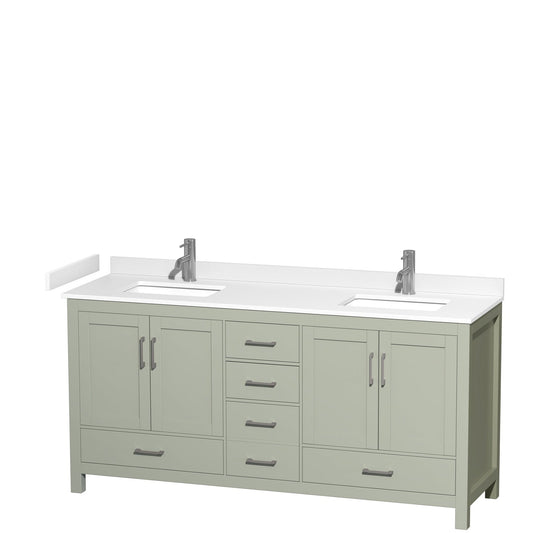 Sheffield 72" Double Bathroom Vanity in Light Green, White Cultured Marble Countertop, Undermount Square Sinks, Brushed Nickel Trim