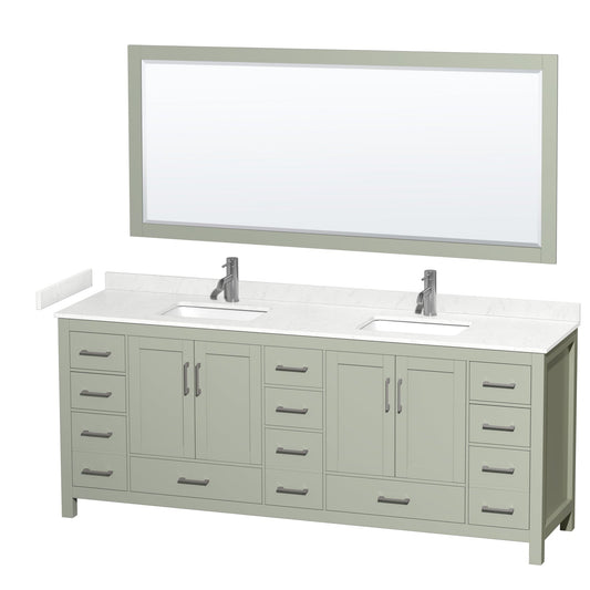 Sheffield 84" Double Bathroom Vanity in Light Green, Carrara Cultured Marble Countertop, Undermount Square Sinks, Brushed Nickel Trim, 70" Mirror