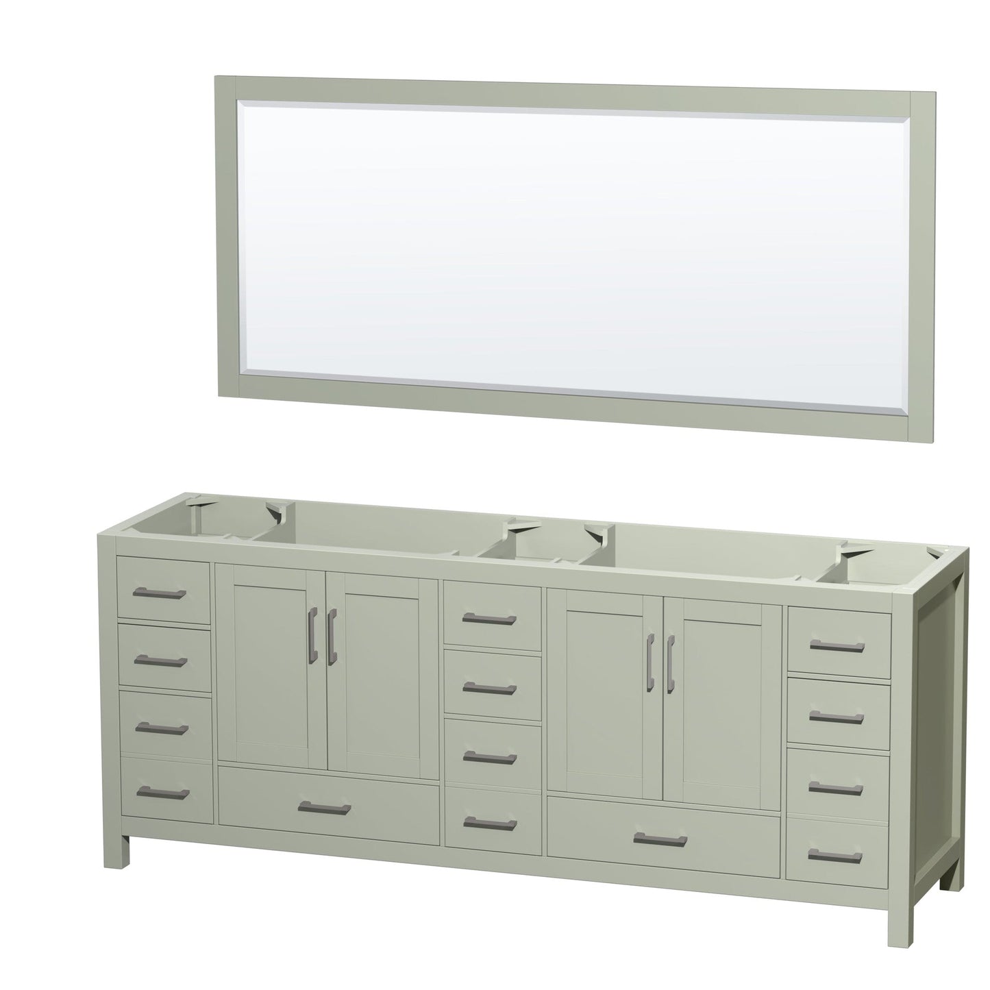 Sheffield 84" Double Bathroom Vanity in Light Green, No Countertop, No Sink, Brushed Nickel Trim, 70" Mirror