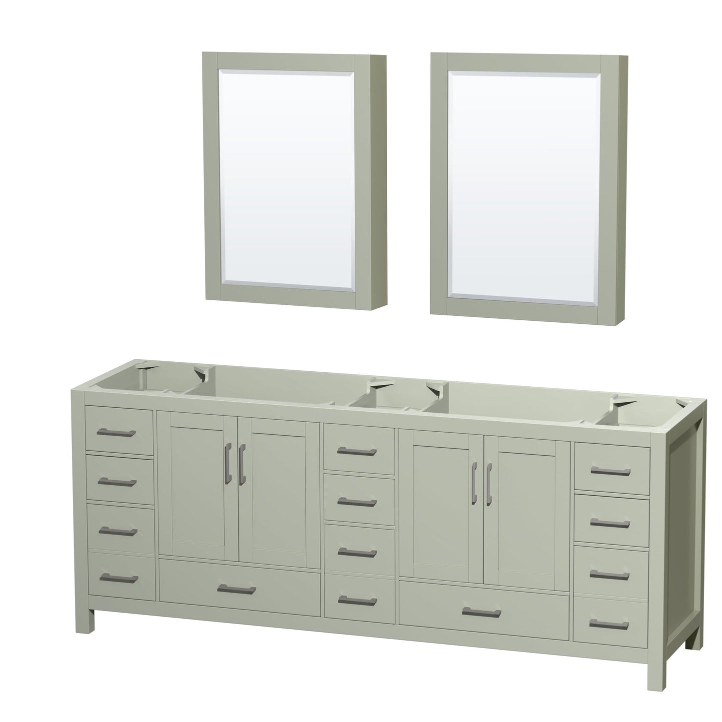 Sheffield 84" Double Bathroom Vanity in Light Green, No Countertop, No Sink, Brushed Nickel Trim, Medicine Cabinets