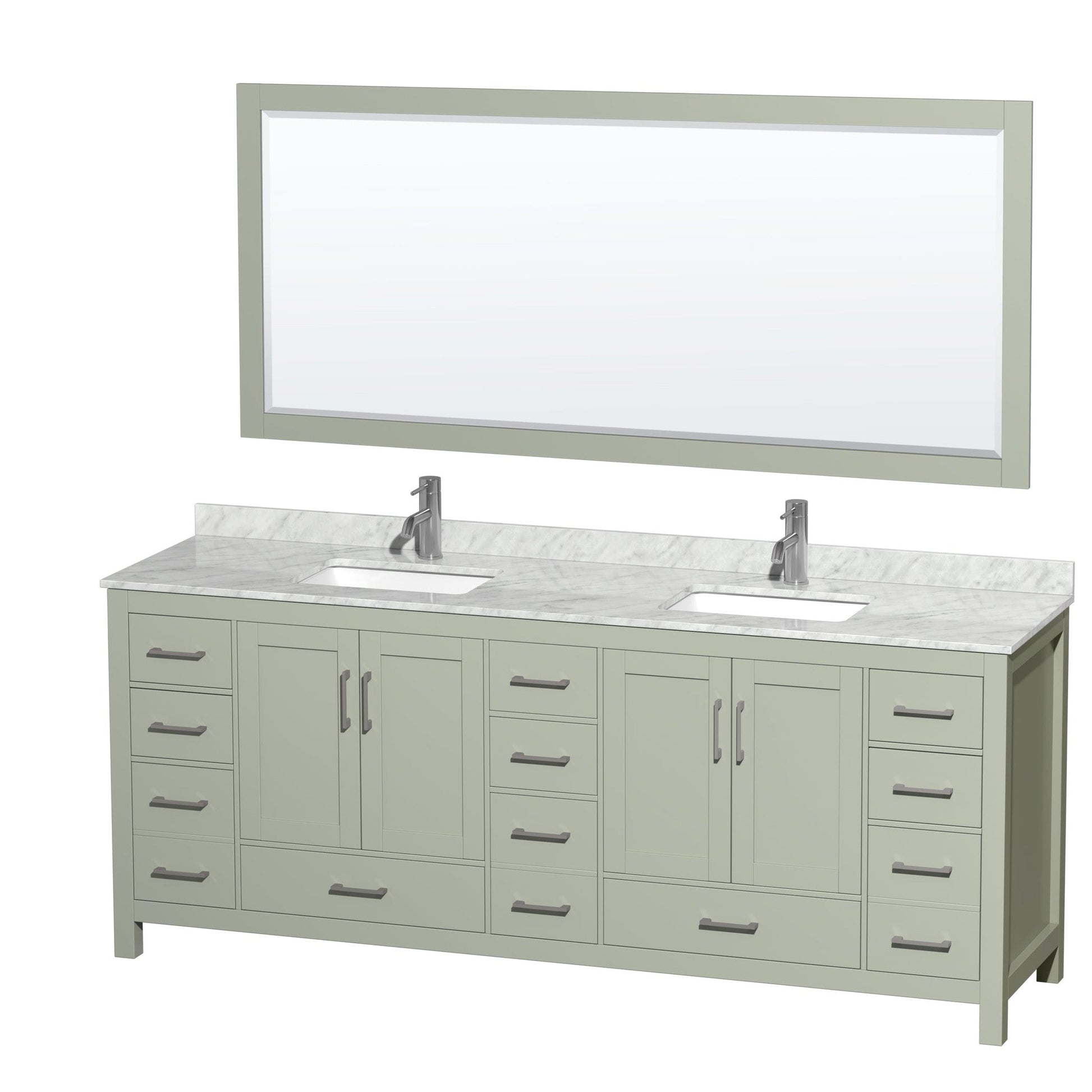 Sheffield 84" Double Bathroom Vanity in Light Green, White Carrara Marble Countertop, Undermount Square Sinks, Brushed Nickel Trim, 70" Mirror