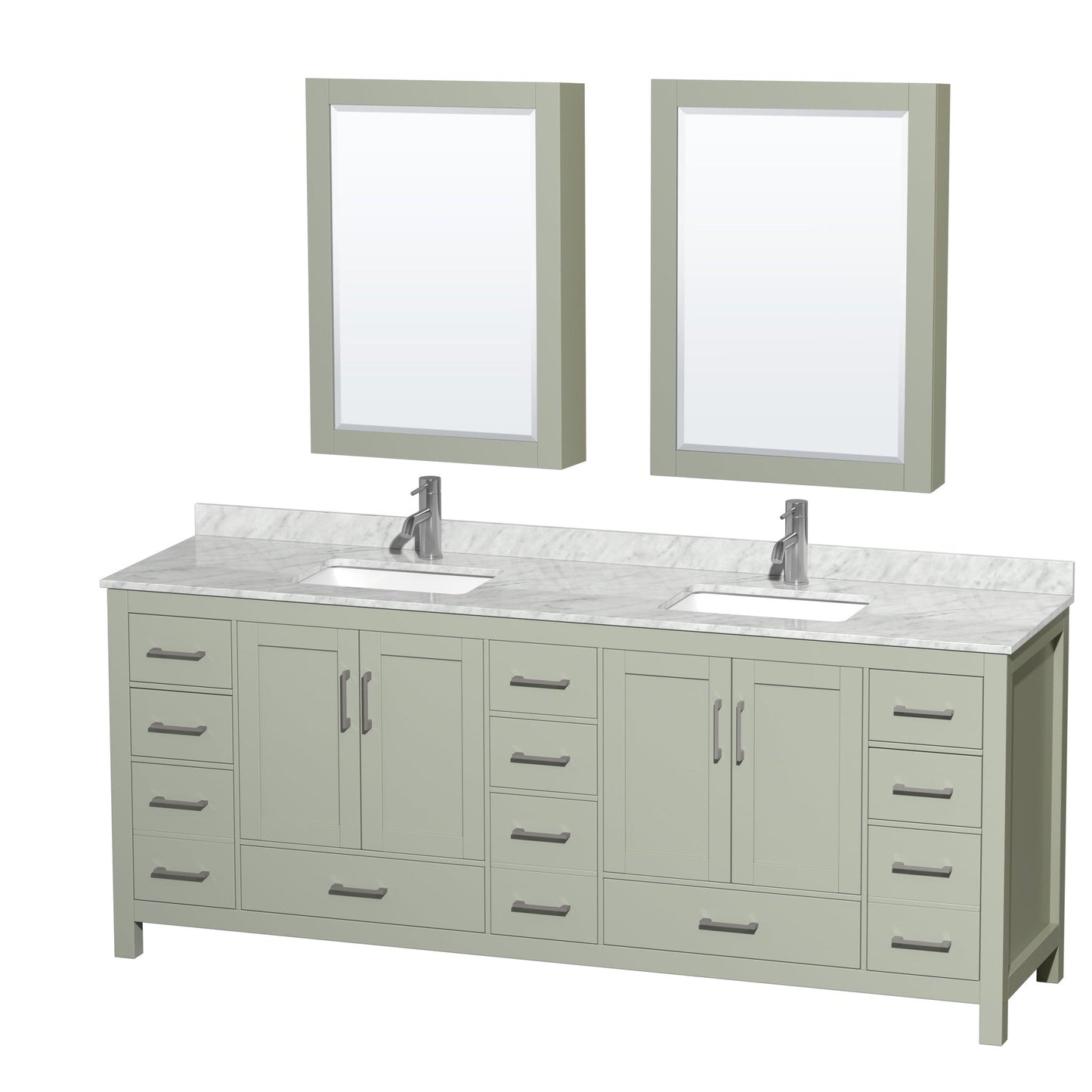 Sheffield 84" Double Bathroom Vanity in Light Green, White Carrara Marble Countertop, Undermount Square Sinks, Brushed Nickel Trim, Medicine Cabinets