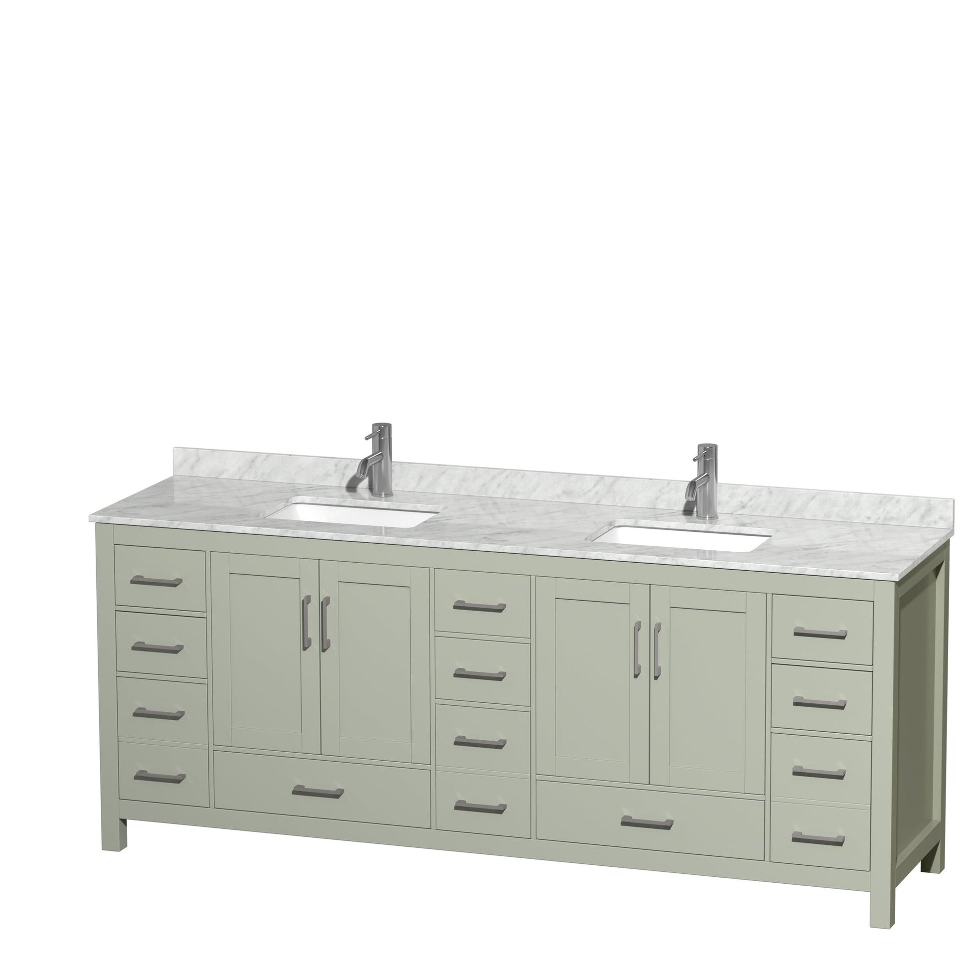 Sheffield 84" Double Bathroom Vanity in Light Green, White Carrara Marble Countertop, Undermount Square Sinks, Brushed Nickel Trim