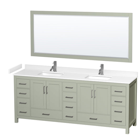 Sheffield 84" Double Bathroom Vanity in Light Green, White Cultured Marble Countertop, Undermount Square Sinks, Brushed Nickel Trim, 70" Mirror