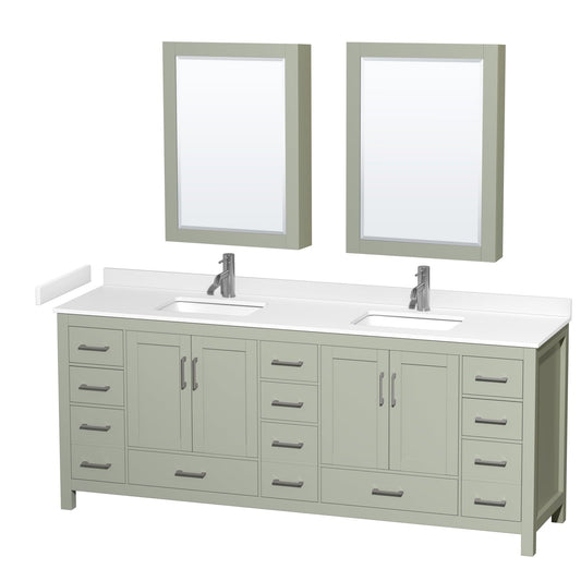 Sheffield 84" Double Bathroom Vanity in Light Green, White Cultured Marble Countertop, Undermount Square Sinks, Brushed Nickel Trim, Medicine Cabinets