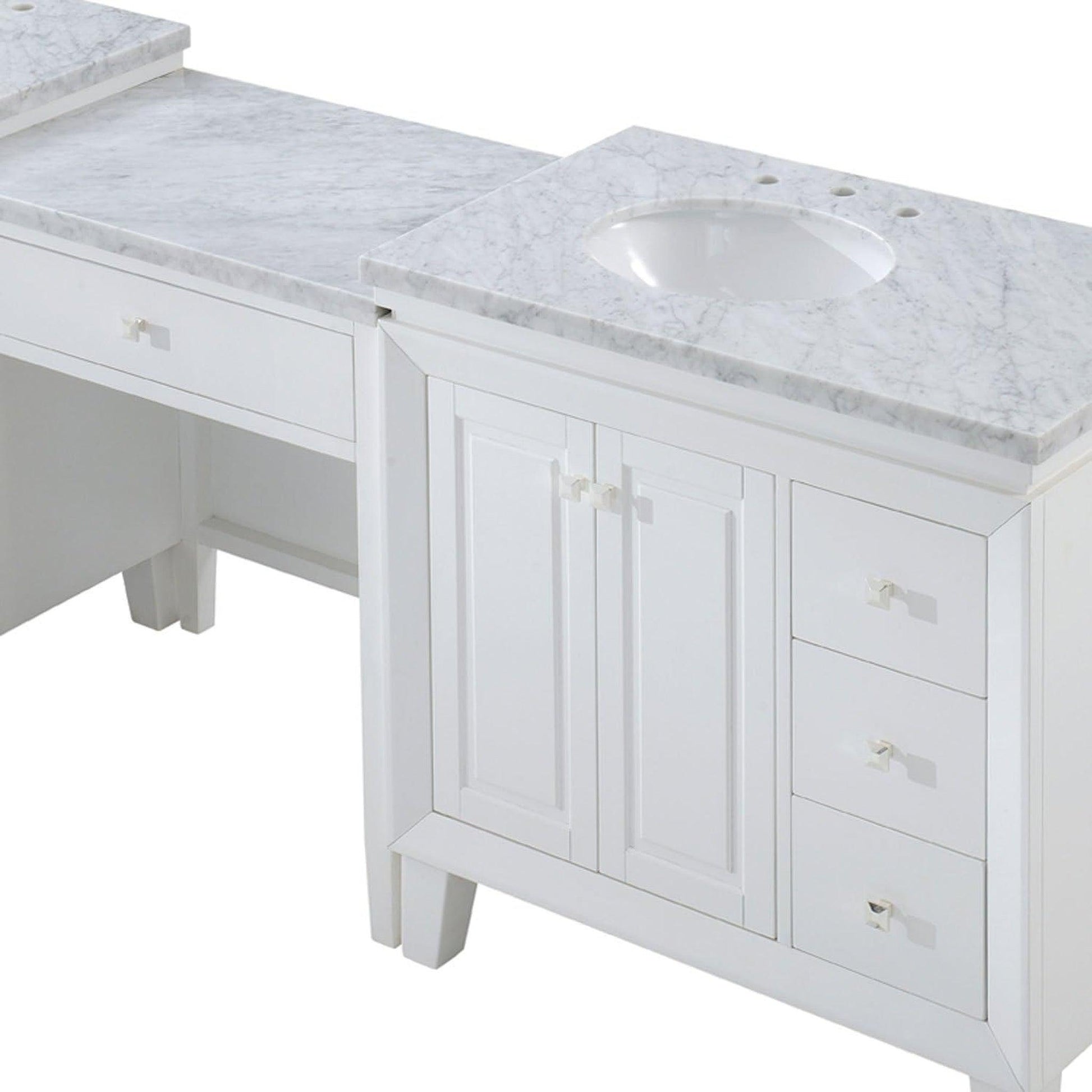 Silkroad Exclusive 103" Double Sink White Modular Bathroom Vanity With Carrara White Marble Countertop and White Ceramic Undermount Sink
