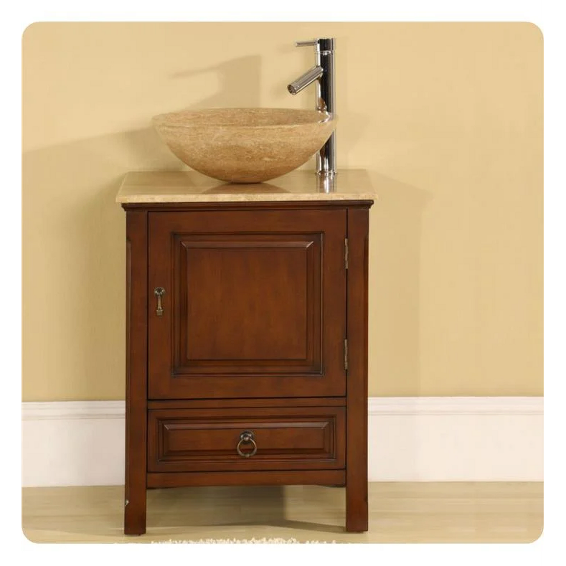 Silkroad Exclusive 22" Single Sink American Chestnut Bathroom Vanity With Travertine Bevel Edge Countertop