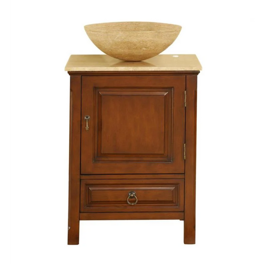 Silkroad Exclusive 22" Single Sink American Chestnut Bathroom Vanity With Travertine Bevel Edge Countertop