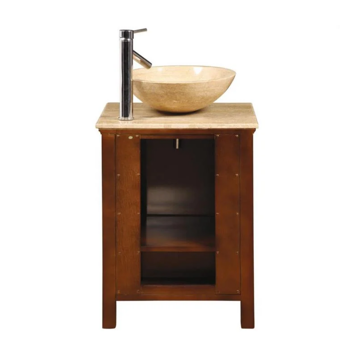 Silkroad Exclusive 22" Single Sink American Chestnut Bathroom Vanity With Travertine Countertop and Travertine Round Vessel Sink