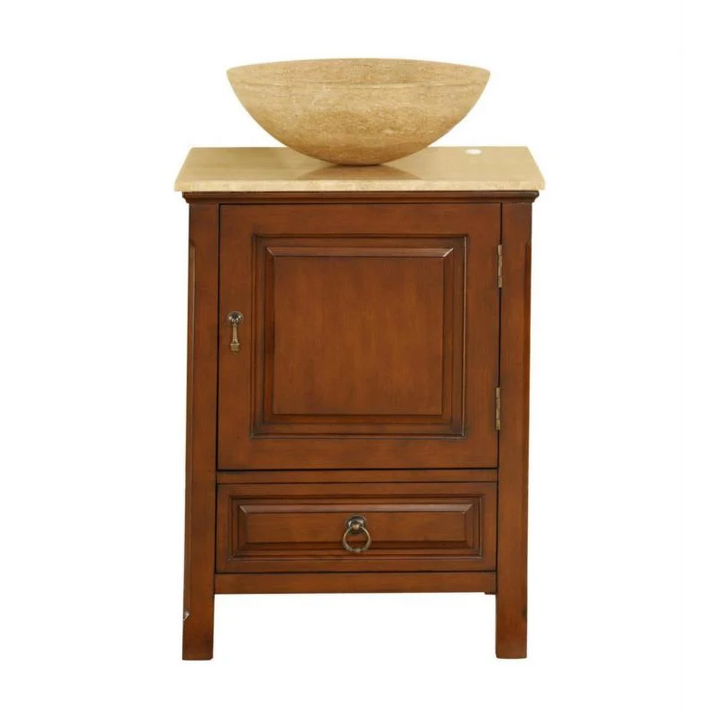 Silkroad Exclusive 22" Single Sink American Chestnut Bathroom Vanity With Travertine Countertop and Travertine Round Vessel Sink