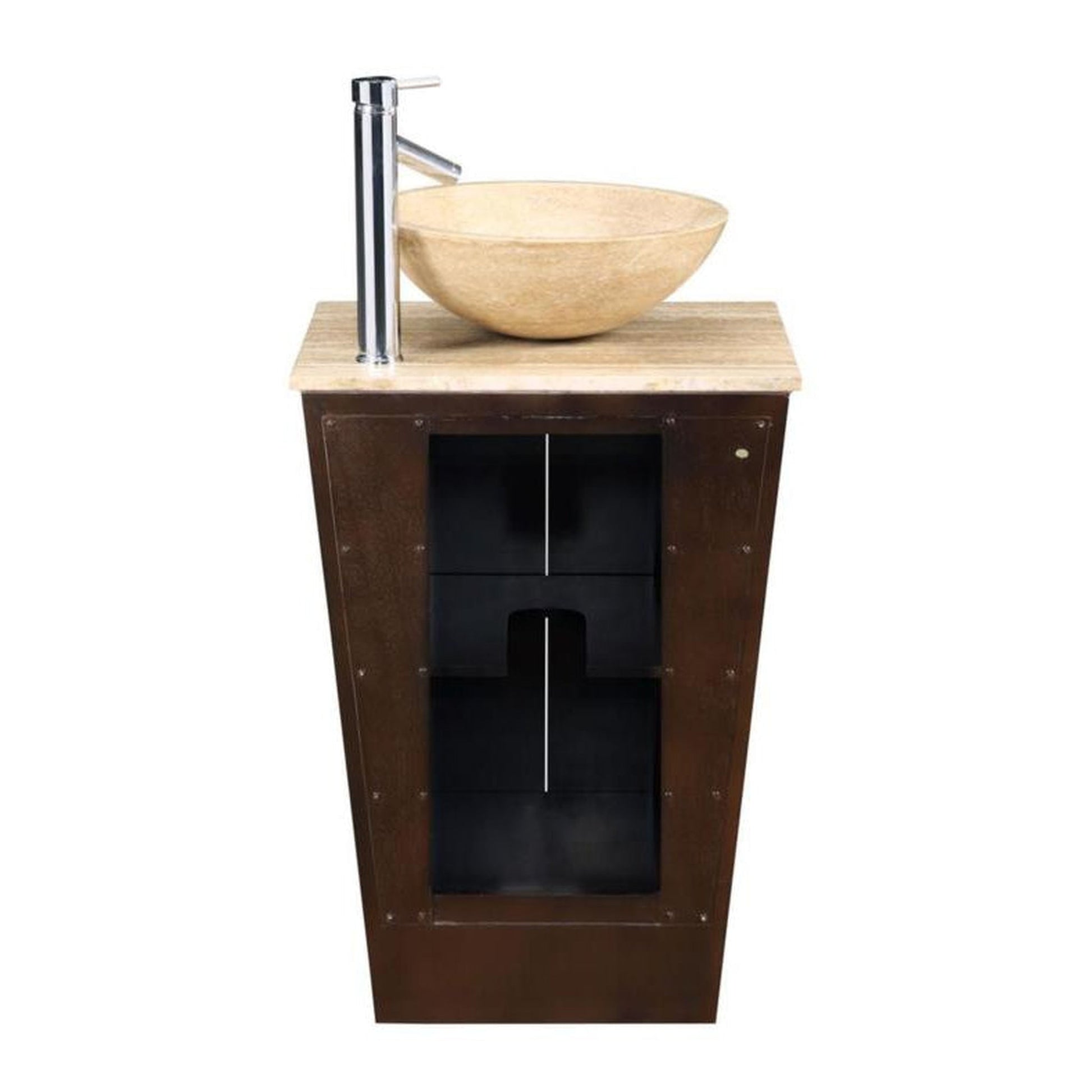 Silkroad Exclusive 22" Single Sink Dark Walnut Bathroom Vanity With Travertine Countertop and Travertine Round Vessel Sink