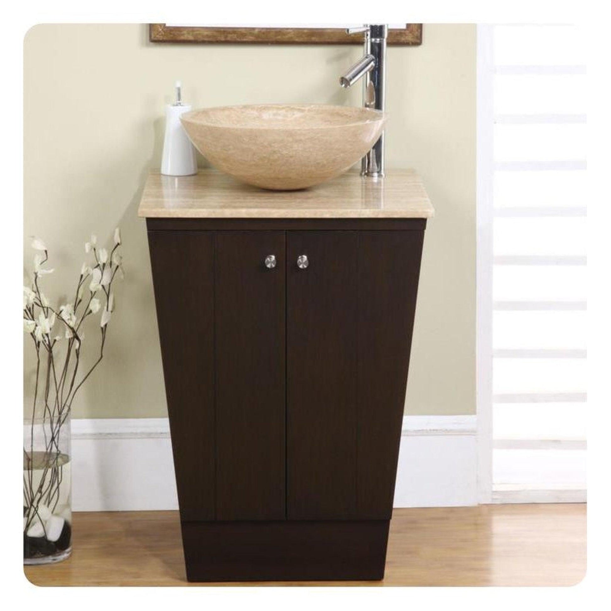 Silkroad Exclusive 22" Single Sink Dark Walnut Bathroom Vanity With Travertine Countertop and Travertine Round Vessel Sink