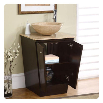 Silkroad Exclusive 22" Single Sink Dark Walnut Bathroom Vanity With Travertine Flat Edge Countertop