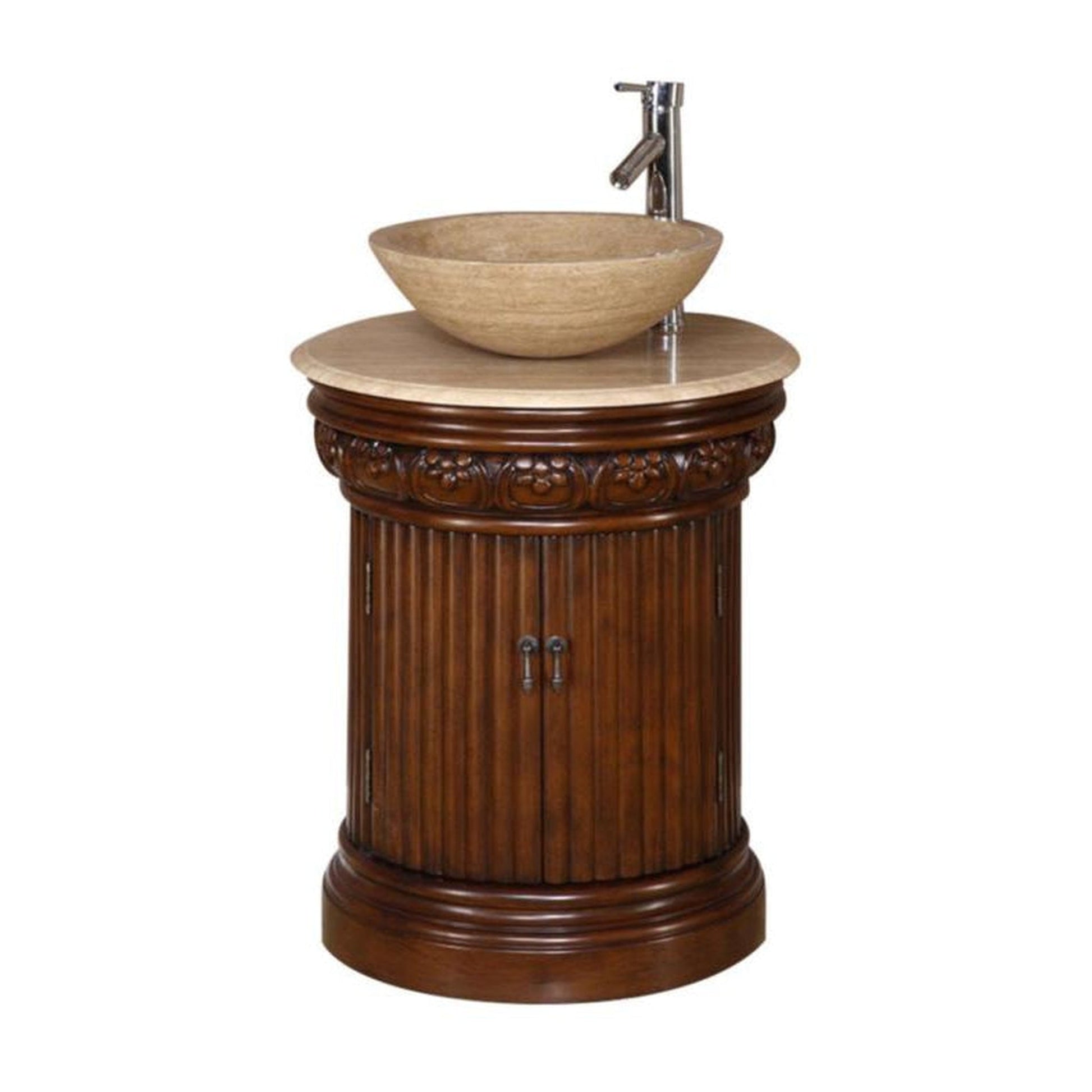 Silkroad Exclusive 24" Single Sink English Chestnut Bathroom Vanity With Travertine Countertop and Travertine Round Vessel Sink