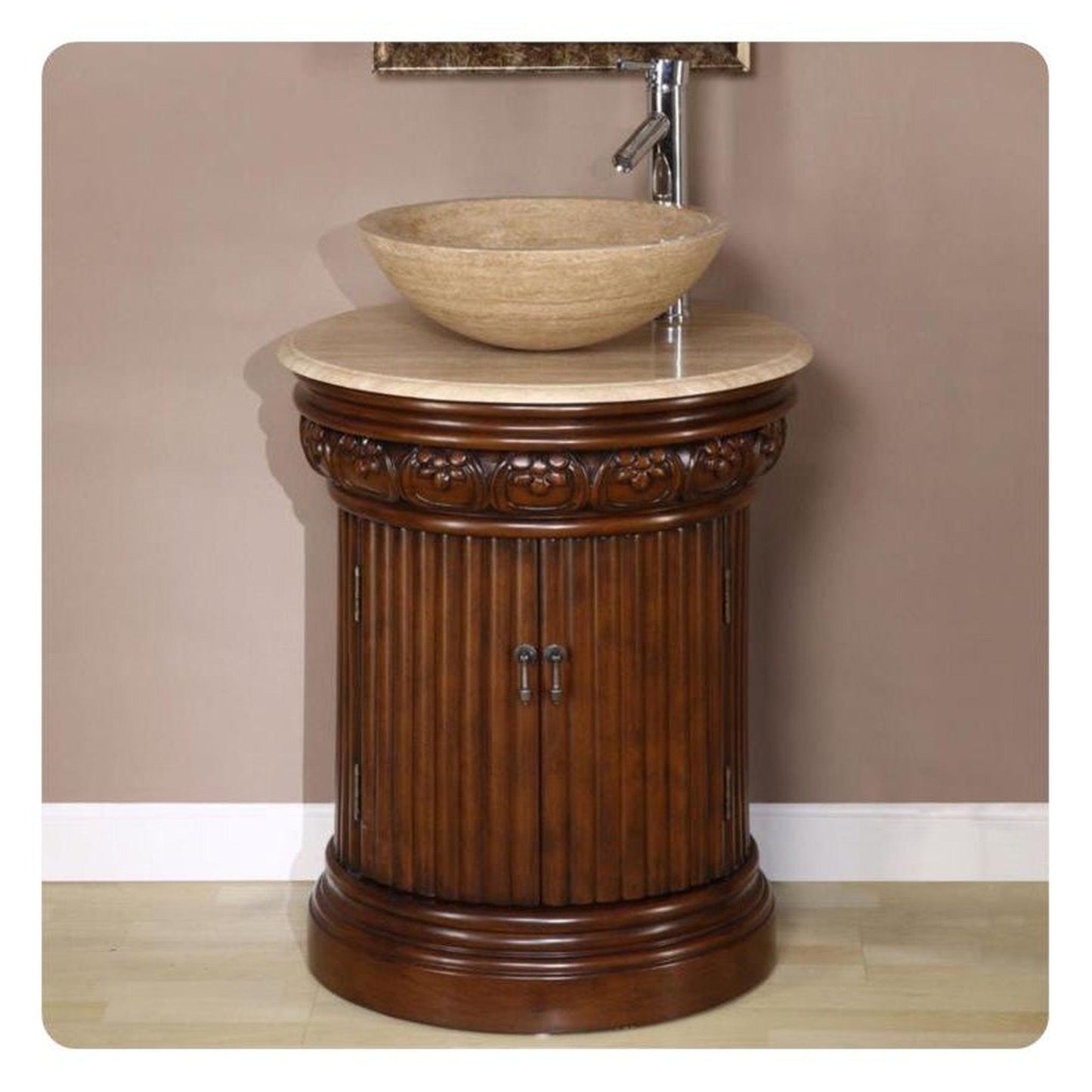 Silkroad Exclusive 24" Single Sink English Chestnut Bathroom Vanity With Travertine Ogee Edge Countertop