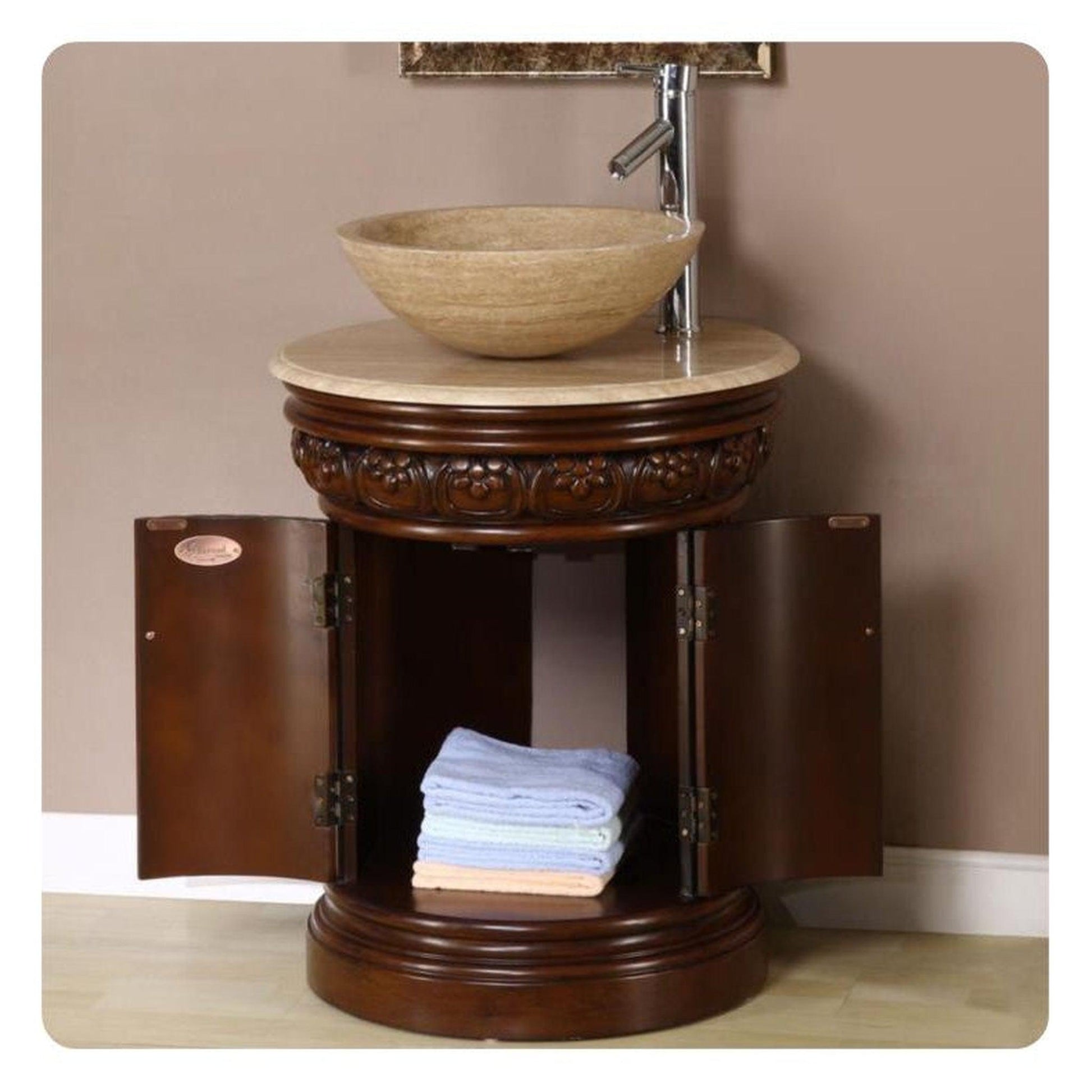 Silkroad Exclusive 24" Single Sink English Chestnut Bathroom Vanity With Travertine Ogee Edge Countertop