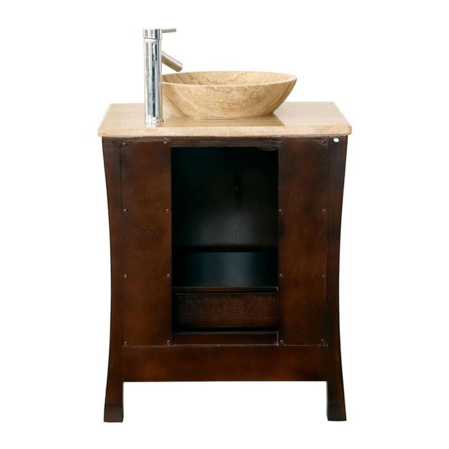 Silkroad Exclusive 26" Single Sink Red Chestnut Bathroom Vanity With Travertine Countertop and Travertine Round Vessel Sink