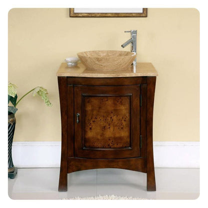 Silkroad Exclusive 26" Single Sink Red Chestnut Bathroom Vanity With Travertine Countertop and Travertine Round Vessel Sink